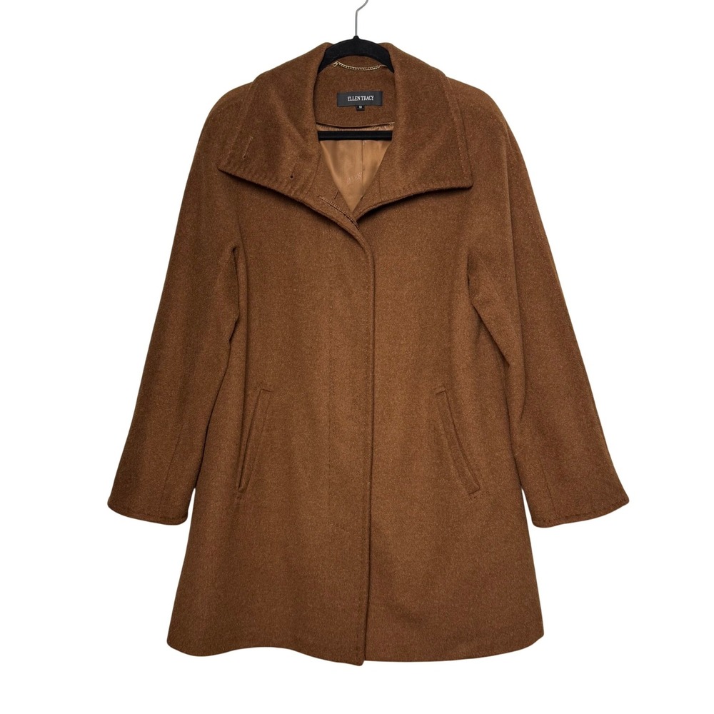 Ellen Tracy Brown Wool Angora Blend Funnel Neck Coat Size 10